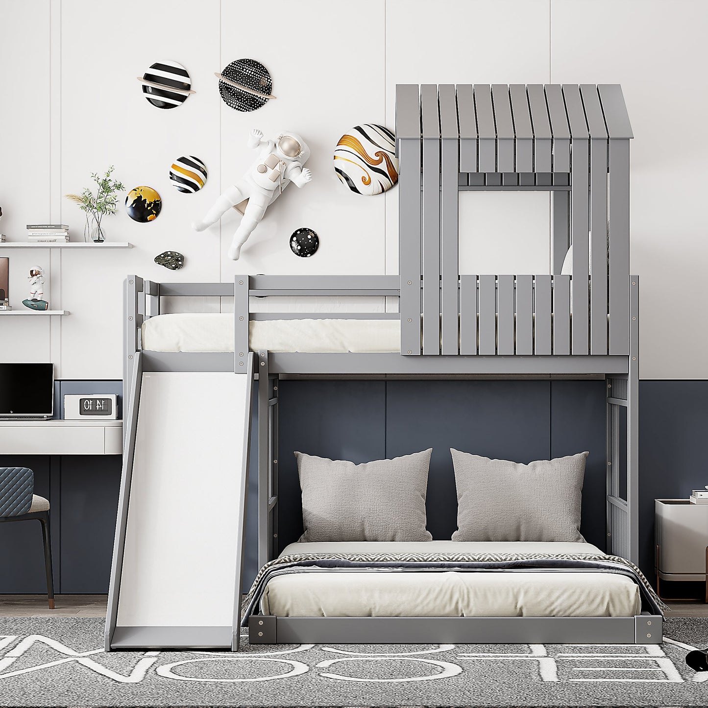 Wooden Twin Over Full Bunk Bed, Loft Bed with Playhouse