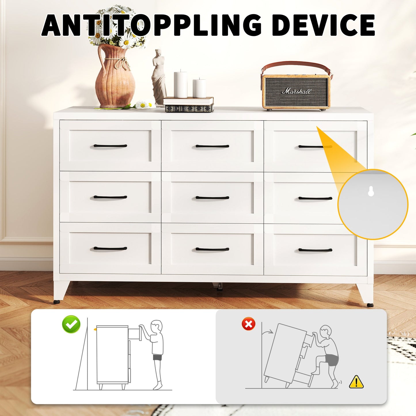 9 Drawer Dresser for Bedroom, Metal Profile Chest of Drawers