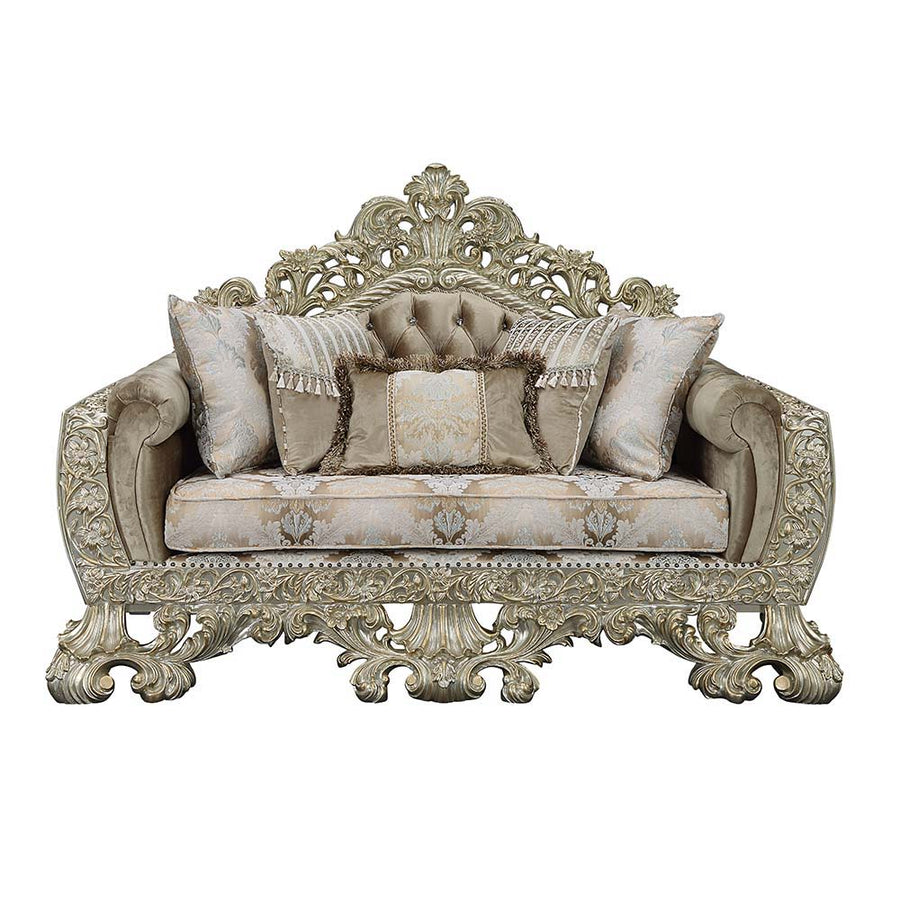Sorina - Loveseat With 5 Pillows - Velvet, Fabric & Antique Gold