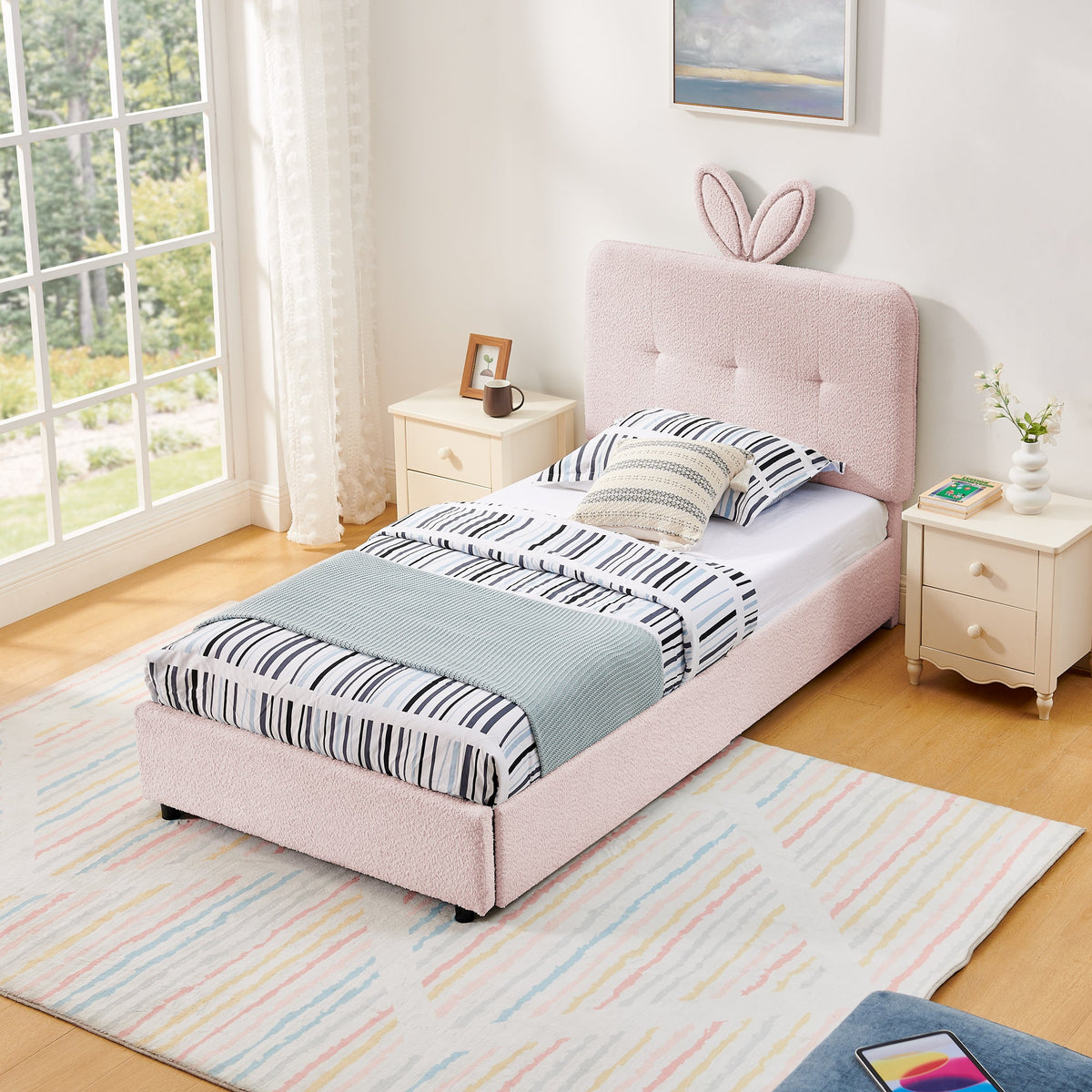 Twin Size Kids Upholstered Bed with Oversized Rabbit Ear Headboard