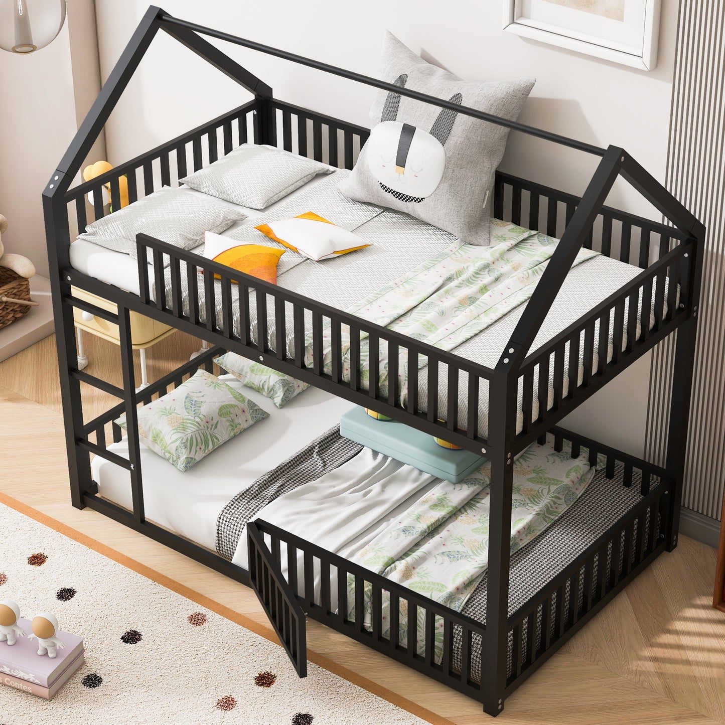 Metal Twin Over Twin House Bunk Bed With Fence And Door