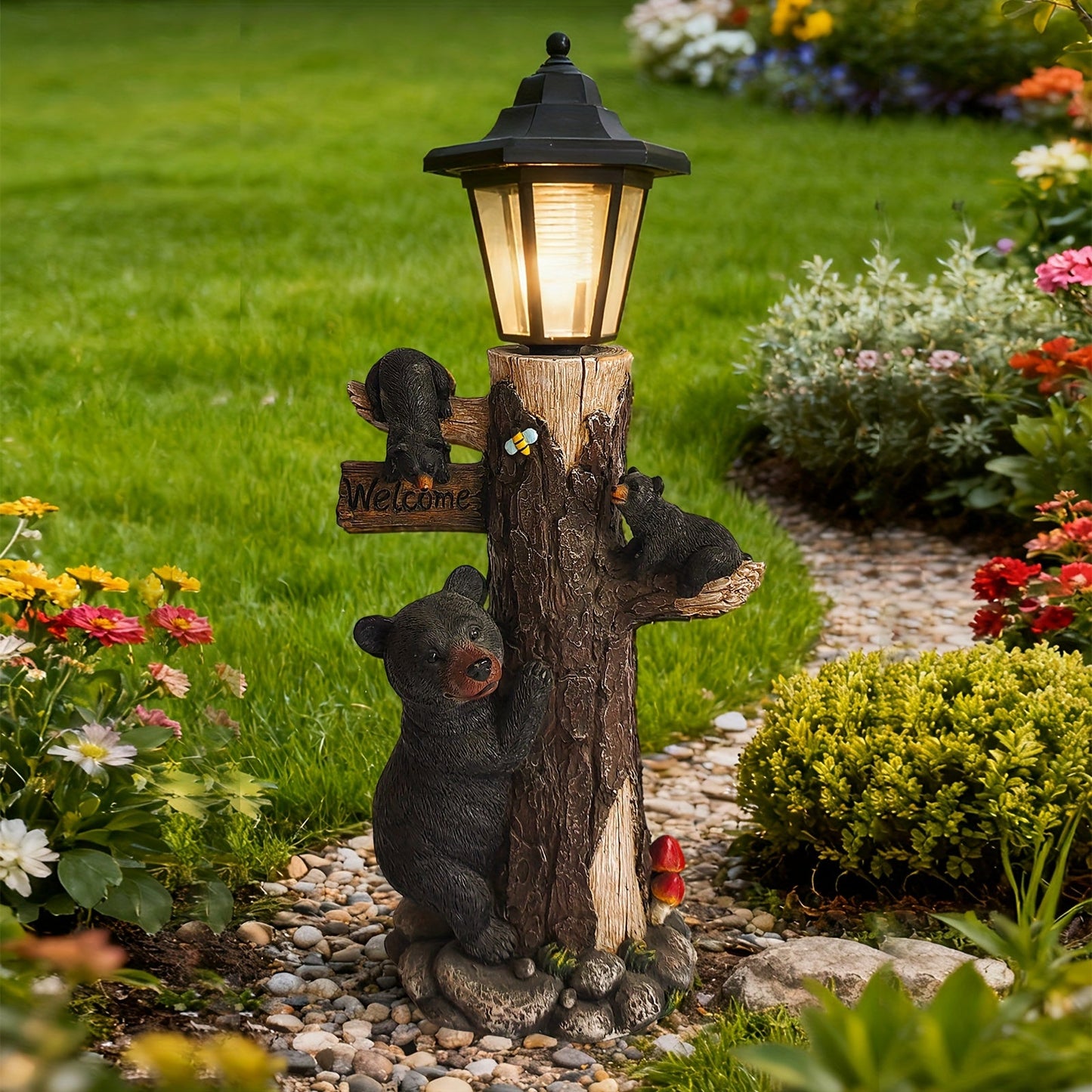 Black Bear Statue Welcome Sign with Solar Light