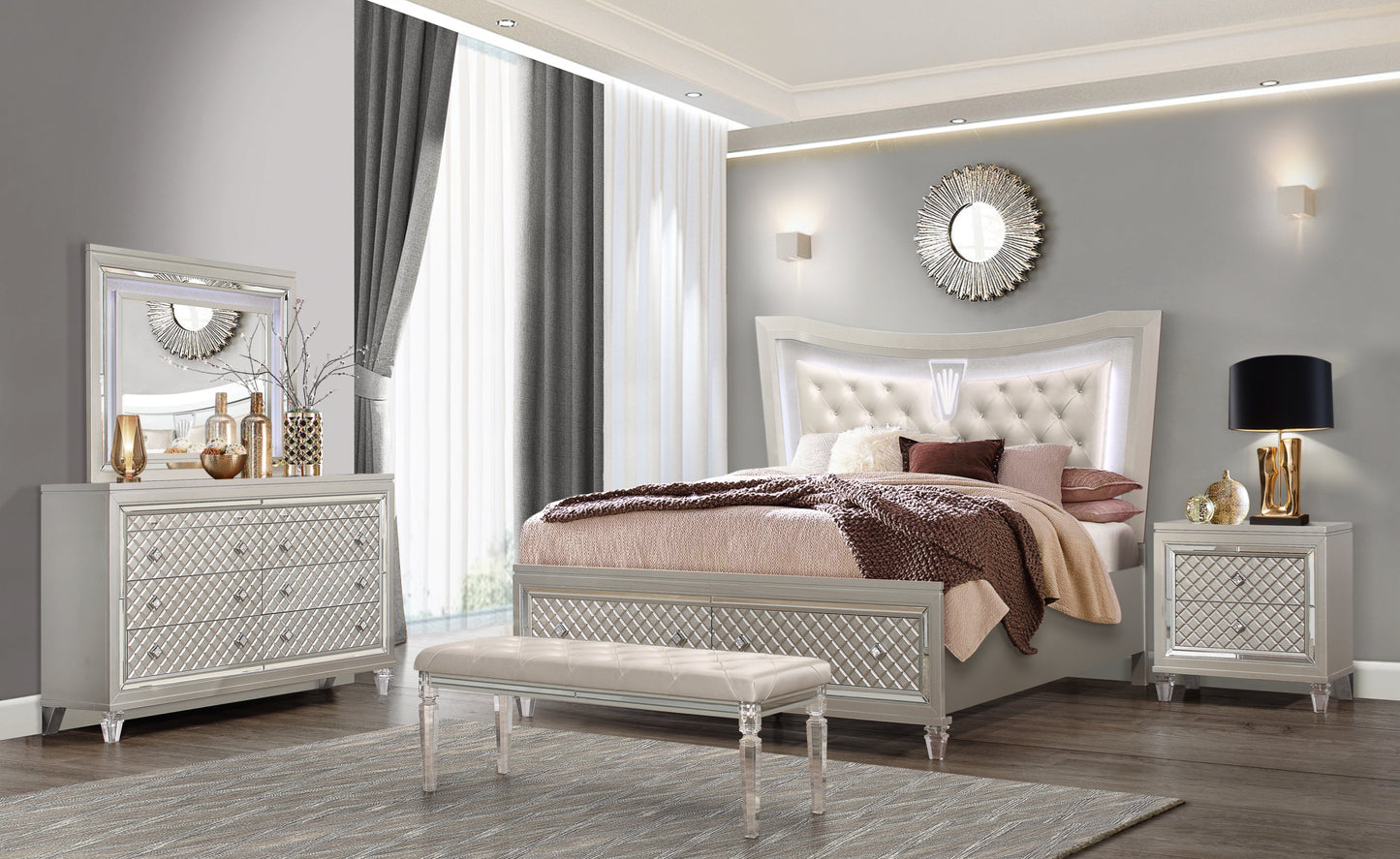 Cross Glam Champagne Queen Bed With LED