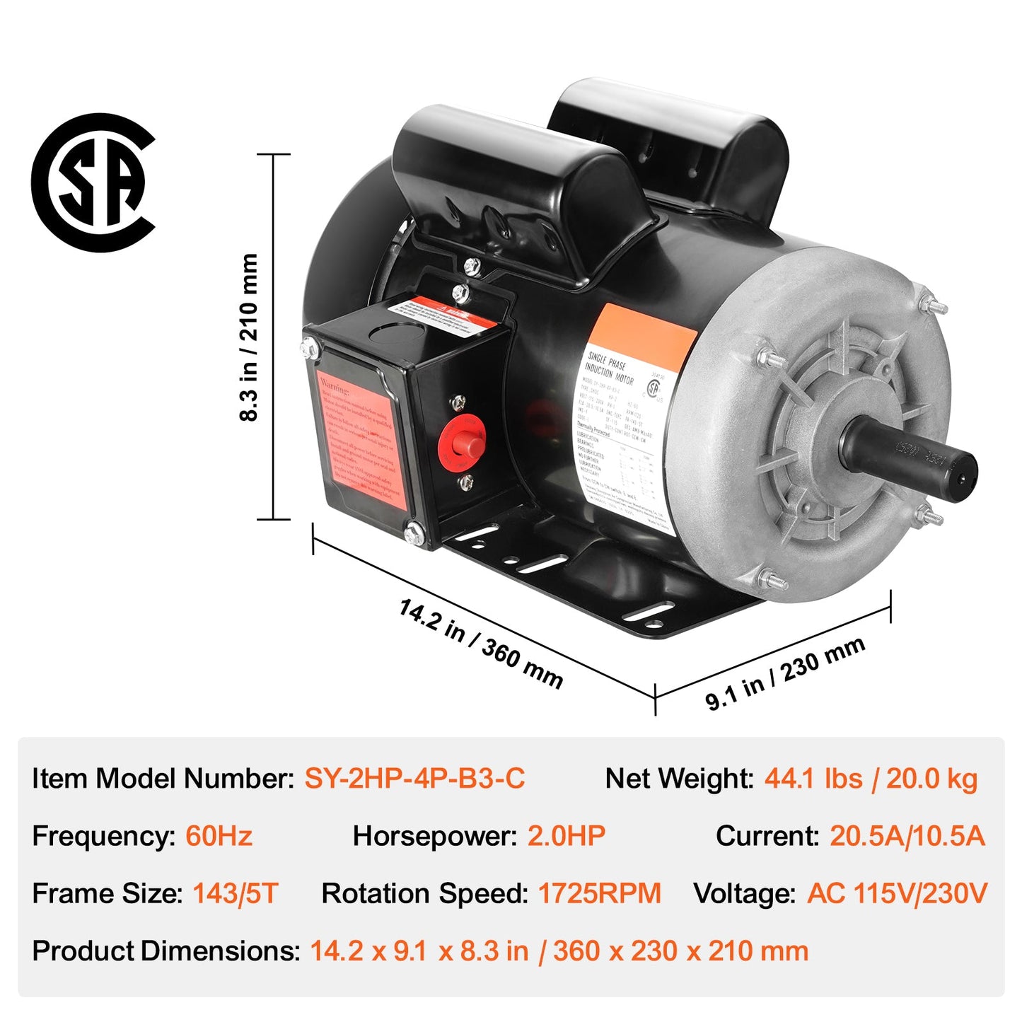 2HP Electric Motor - 1725 RPM Single Phase AC Motor