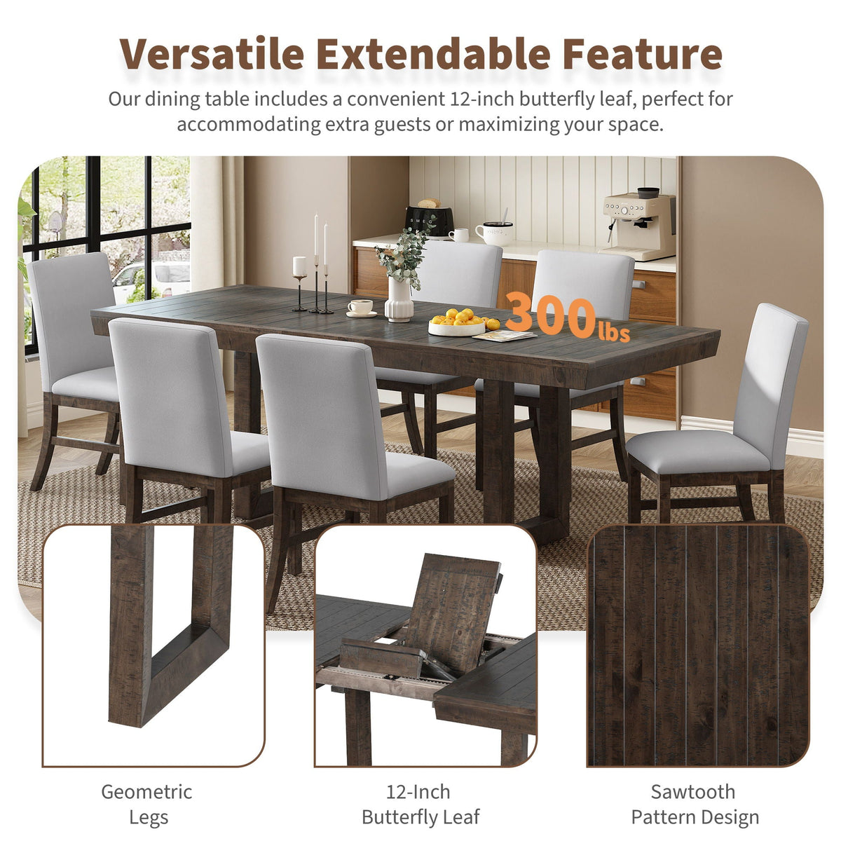 Topmax - 7 Piece Traditional Extendable Dining Table Set With Butterfly Leaf And 6 Upholstered Dining Table - view 3