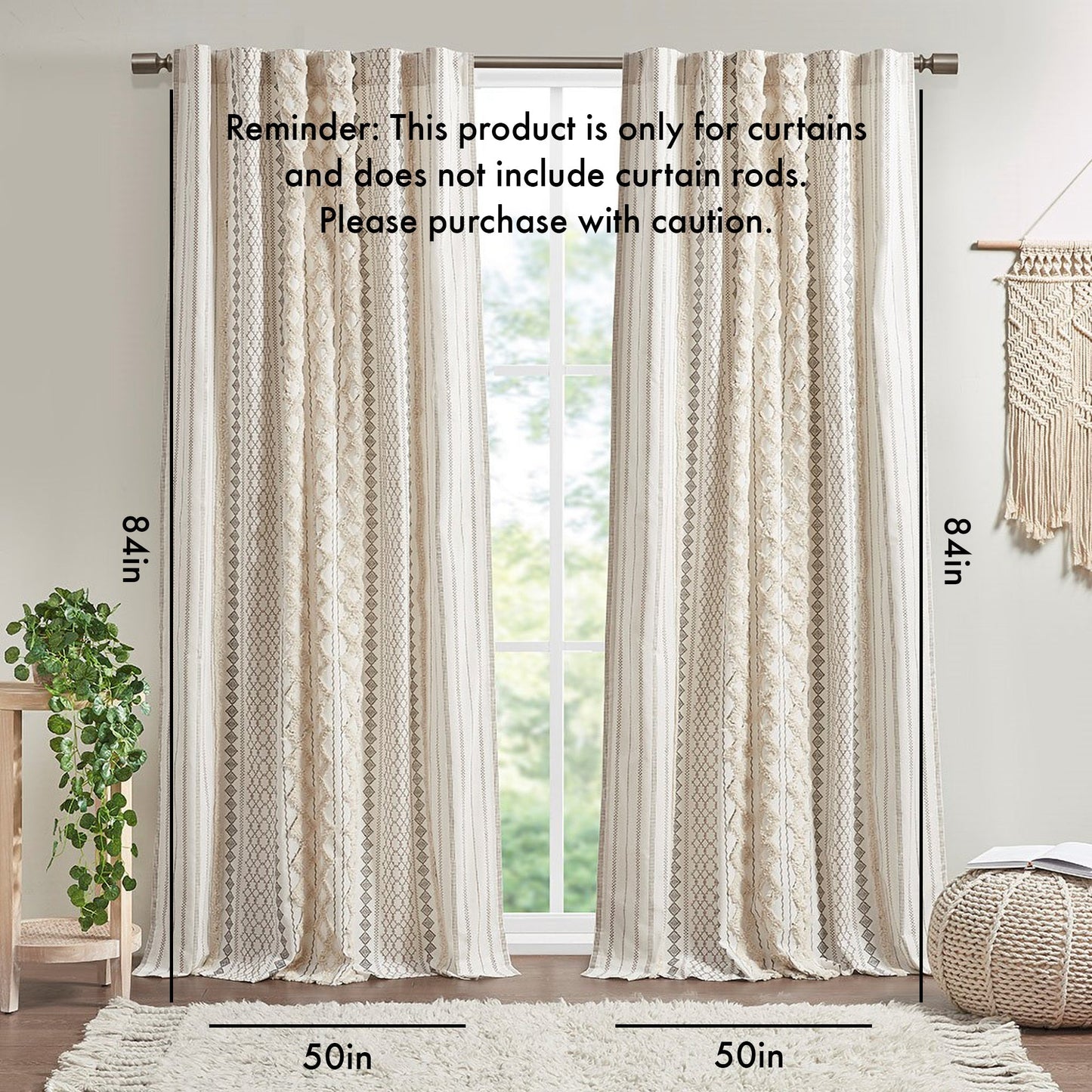 Cotton Printed Curtain Panel with Chenille Stripe and Lining Ivory 50x84