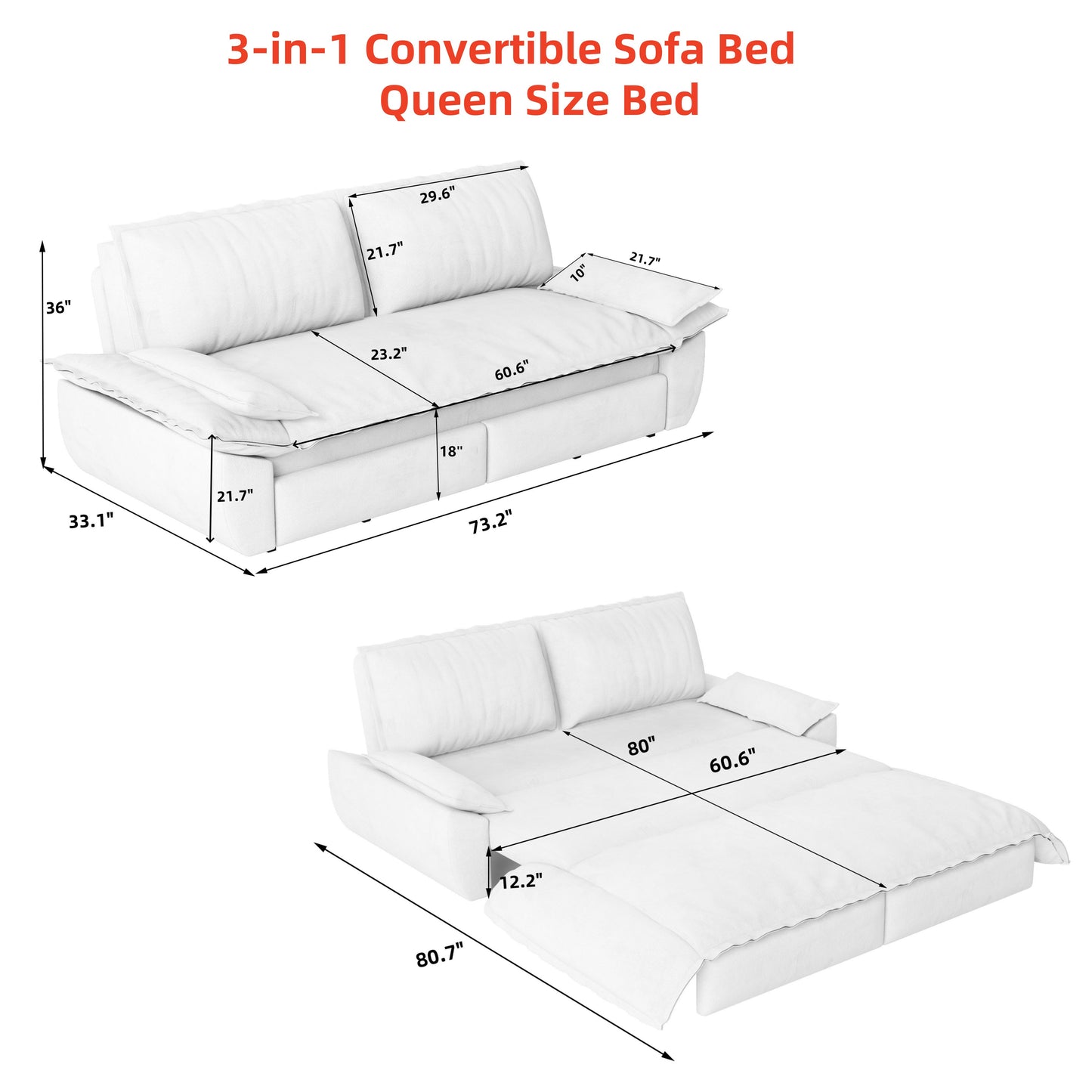 73.2" Queen Pull Out Sofa Bed - 3-in-1 Convertible Sleeper Sofa