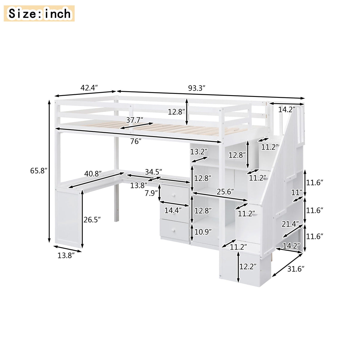 Loft Bed With L Shaped Desk, Drawers, Cabinet, And Storage Staircase - view 4