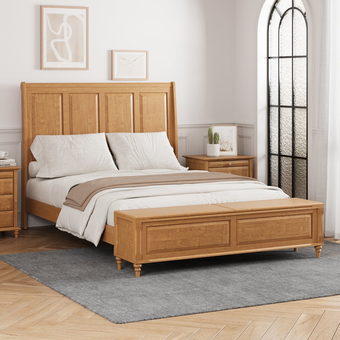 Queen Bed Frame with Tall Headboard and Storage Bench