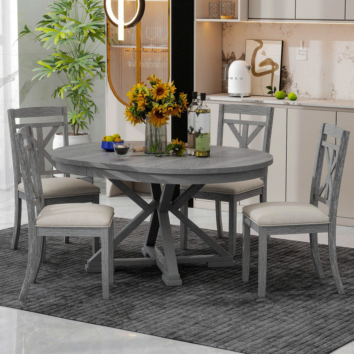 Dining Set With Extendable Round Table And 4 Upholstered Chairs - view 3