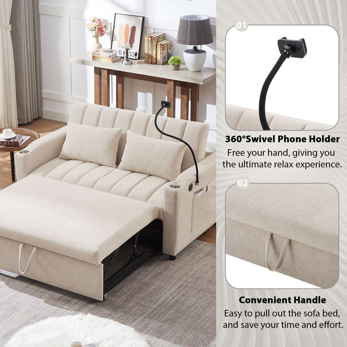 Convertible Sofa Bed Loveseat Sofa With Three USB Ports, Two Side Pockets, Two Cup Holders And 360° swivel - view 4