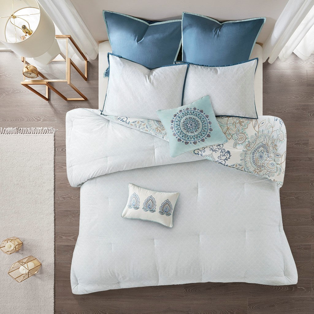 8 Piece Cotton Floral Printed Reversible Comforter Set Blue