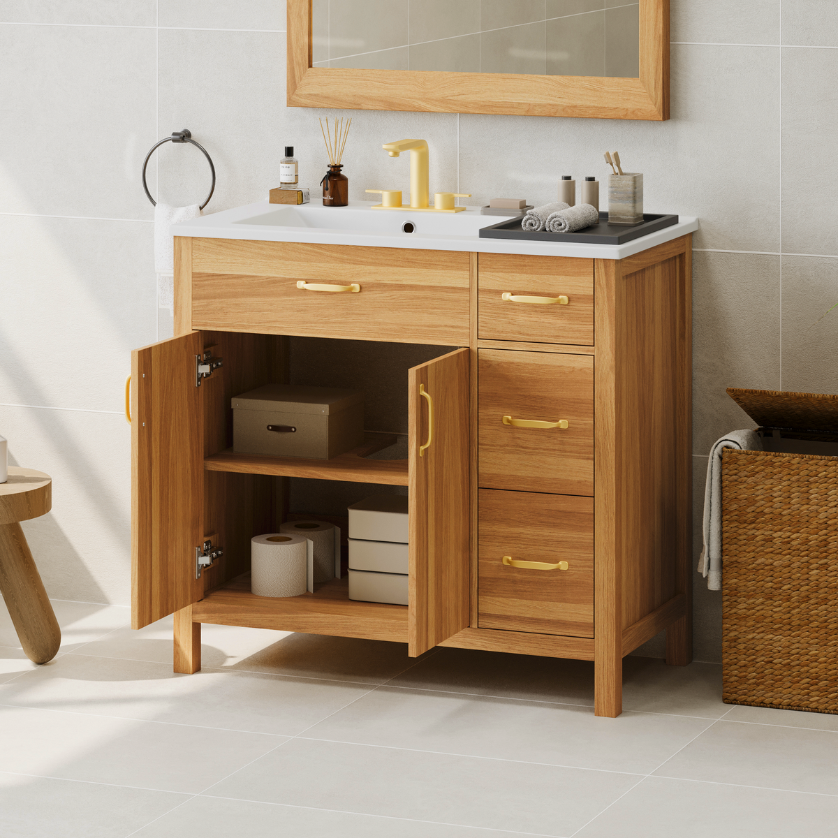 36" Wood Bathroom Vanity with Solid Wood Frame