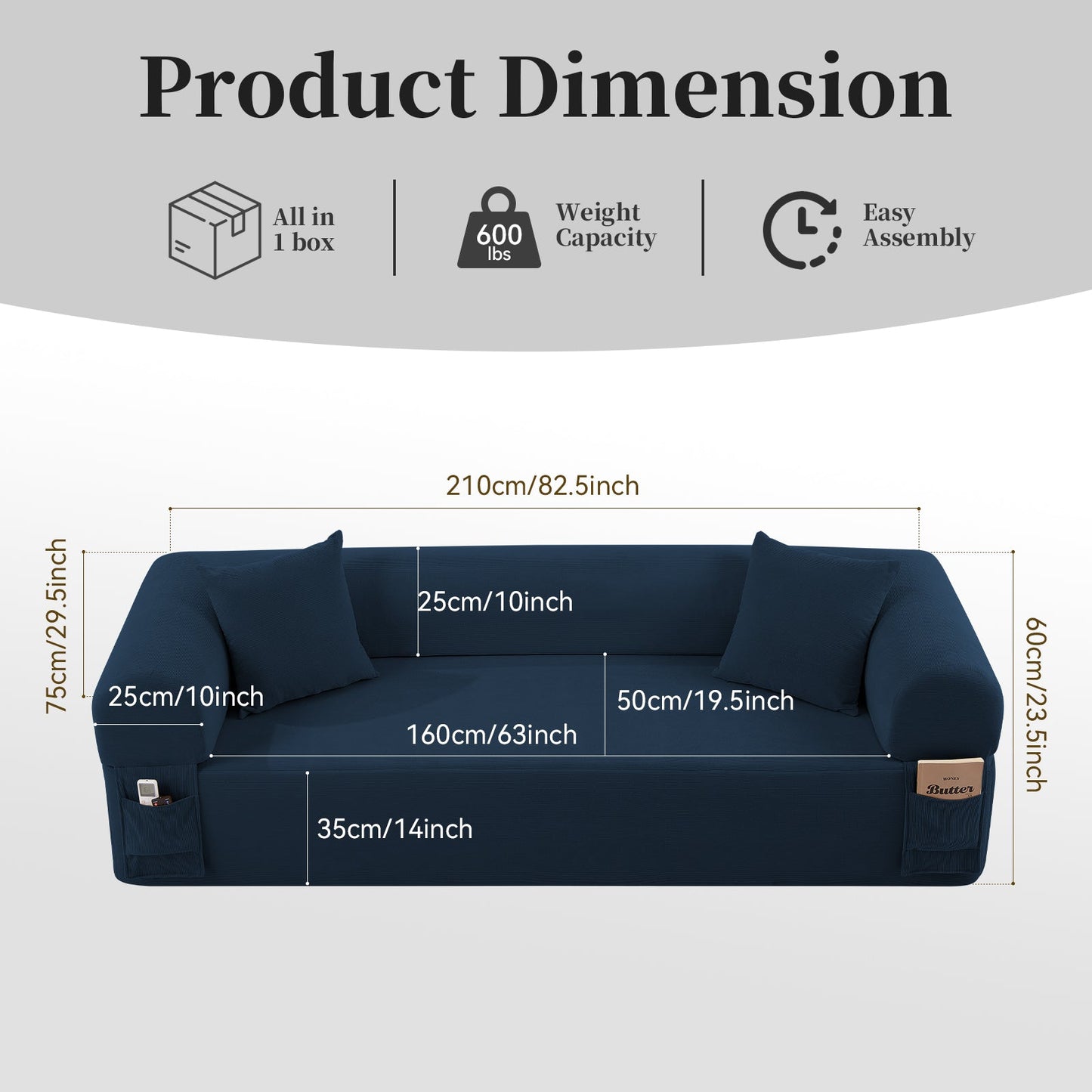 Spring Sofa with High-Quality Fabric, Pillows & Storage