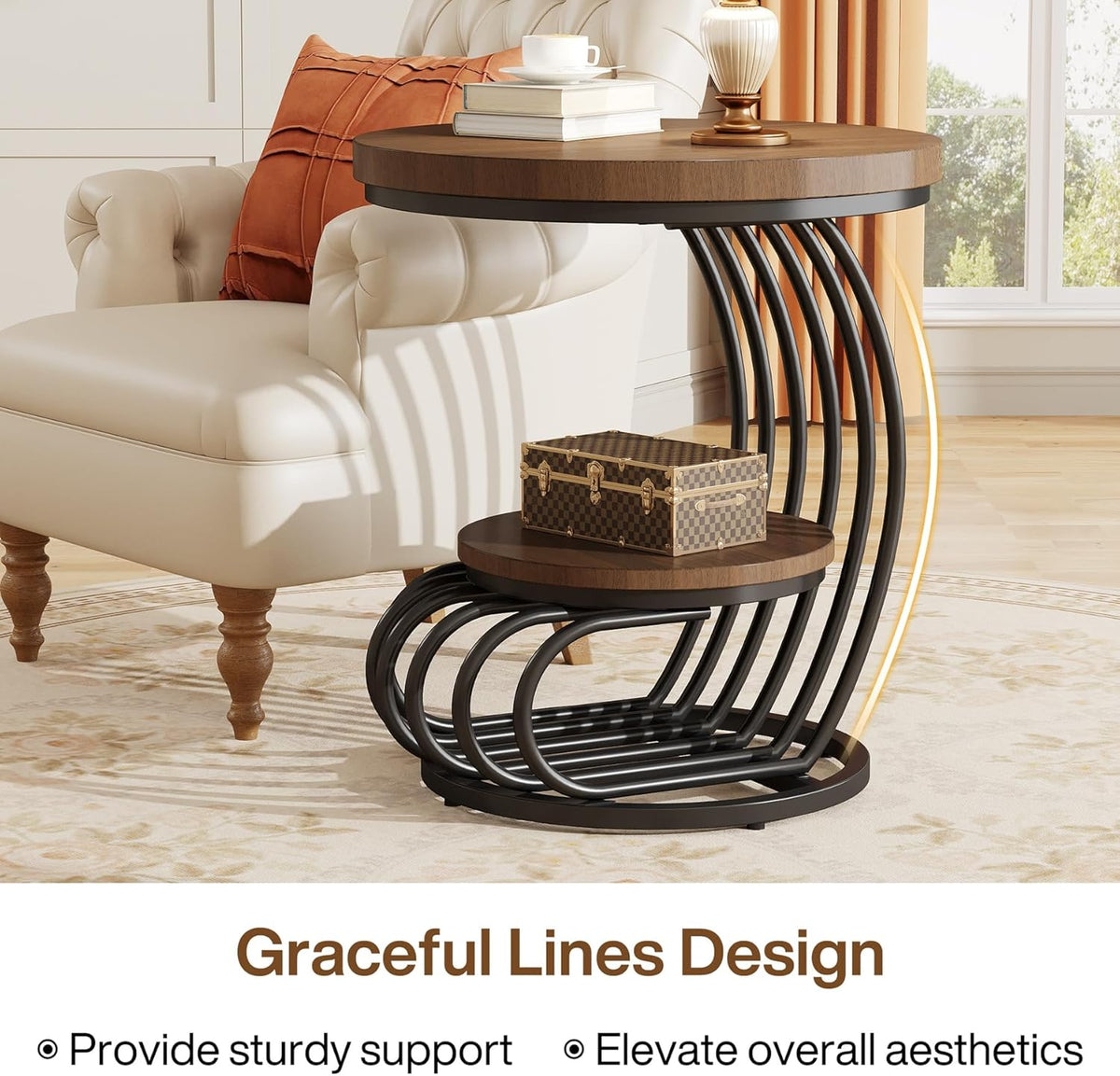 19.68" Round Vintage End Table with 2-Tier Storage