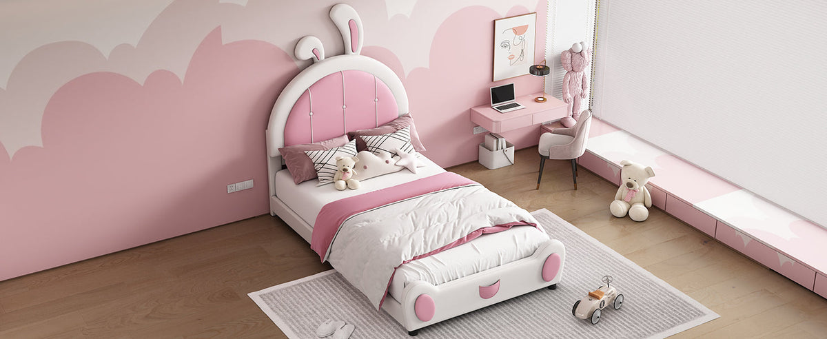 Twin Size Upholstered Platform Bed With Rabbit Shaped Headboard