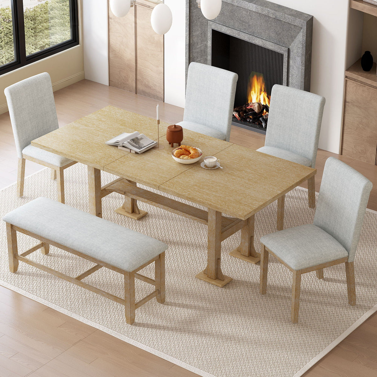 Topmax - 6 Piece Farmhouse Extendable Dining Table Set Trestle Kitchen Table Set With Removable Leaf And - view 4