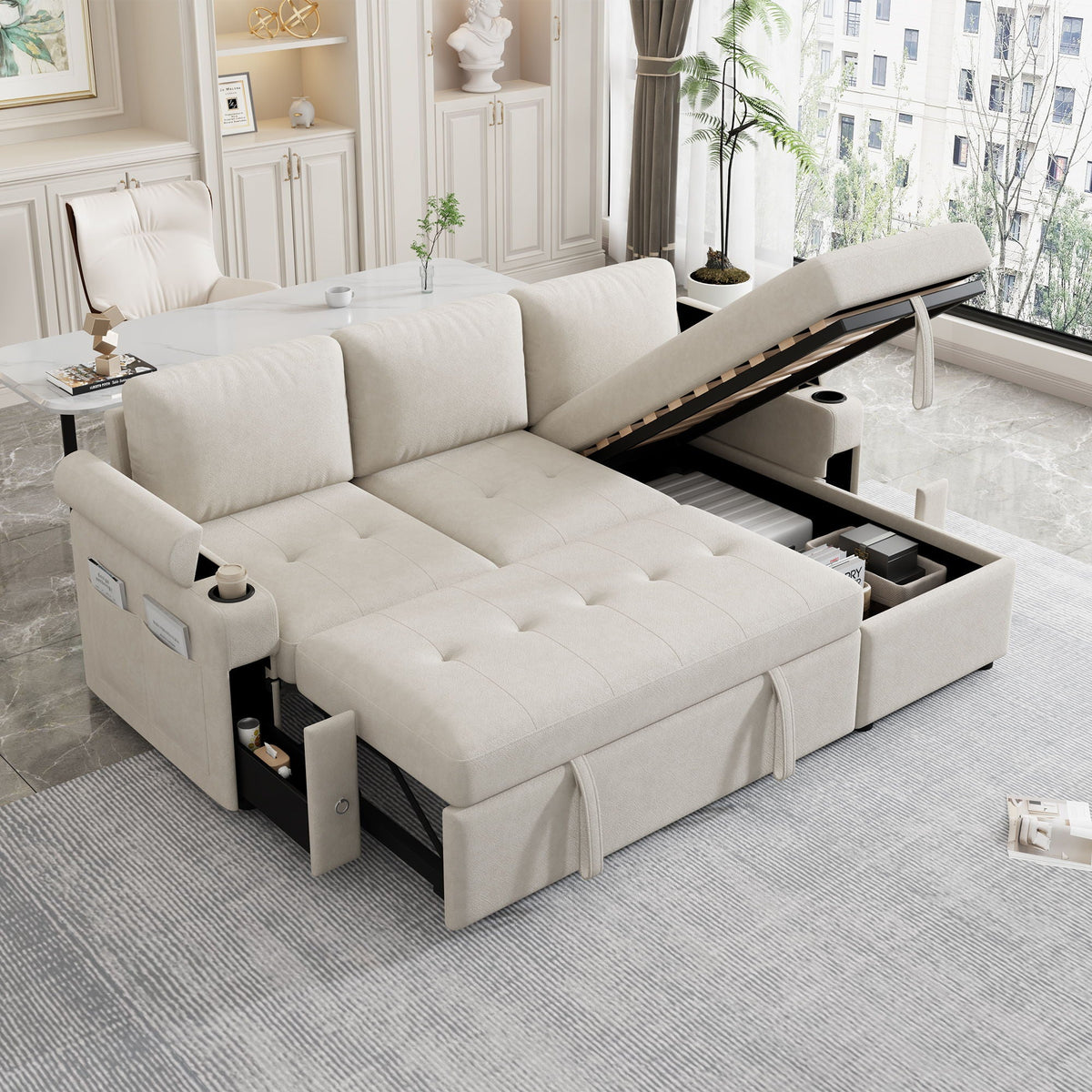 Convertible L Shaped Sofa Couch With Storage, Cup Holders, USB Ports - view 4