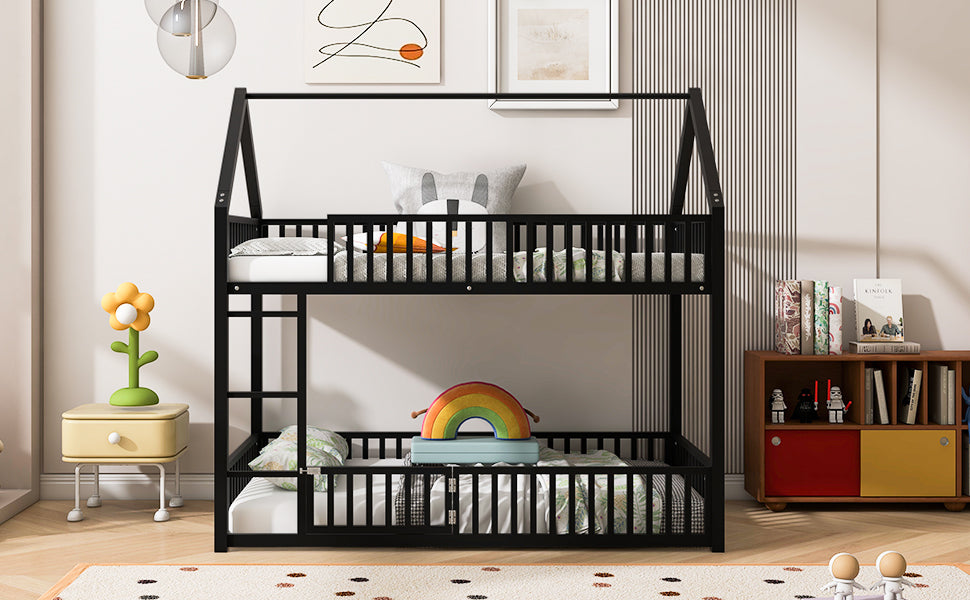 Metal Twin Over Twin House Bunk Bed With Fence And Door