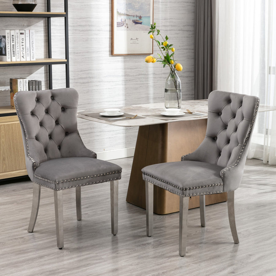 Modern Velvet Upholstered Dining Chairs with Nailhead Trim - Gray