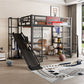 Full Size Metal Loft Bed with Built-in Desk, Open Wardrobe, Basketball Hoop, Slide and Staircase