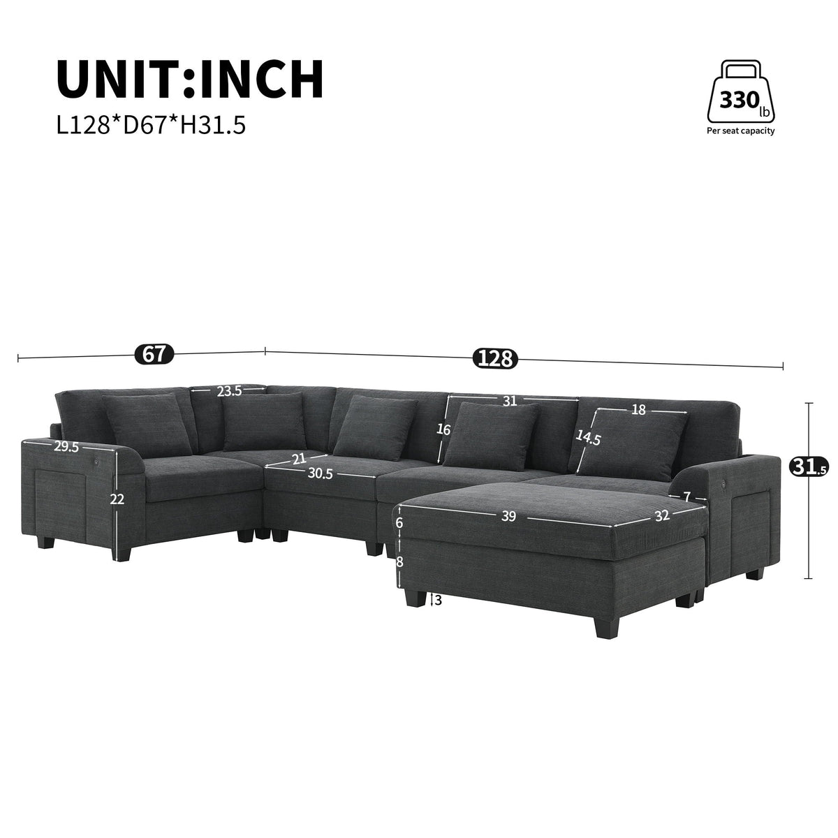U Shaped Sectional Sofa 6 Seat Couch Set With Oversized Ottoman, Hidden Armrest Storage And Cup Holders USB - view 2