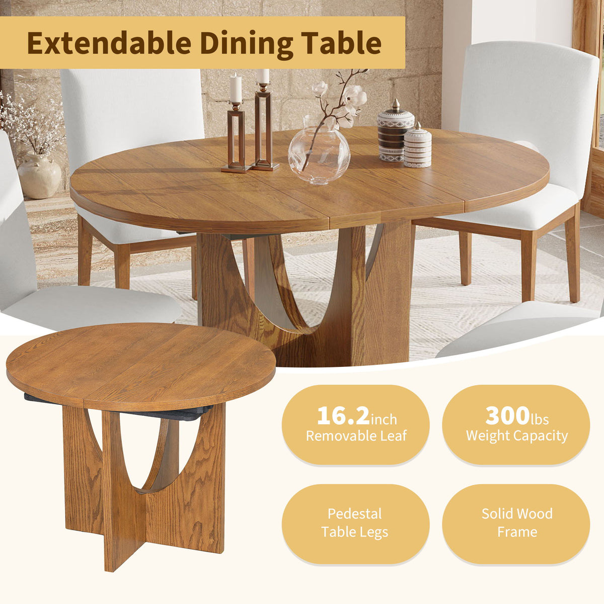 Topmax - 5 Piece Modern Extendable Round Dining Table Set With Removable Leaf For Small Places - view 3