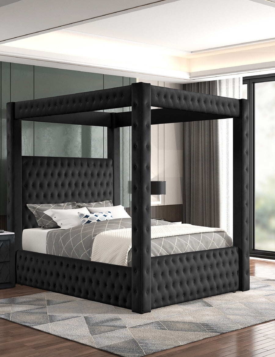 Majestic Canopy Four-poster Queen Bed Tufted Headboard and Footboard