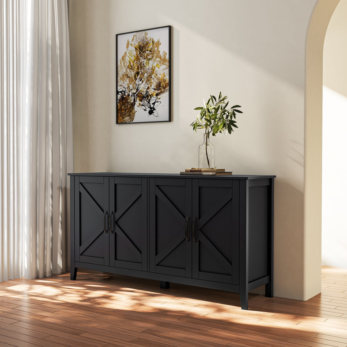 Cabinet With 4 Doors and 4 Open Shelves Freestanding Sideboard