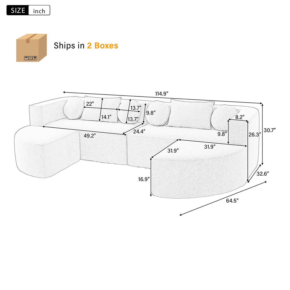 Boneless - Couch Modular Sectional Sofa With Deep Seating And Curved Design - view 7