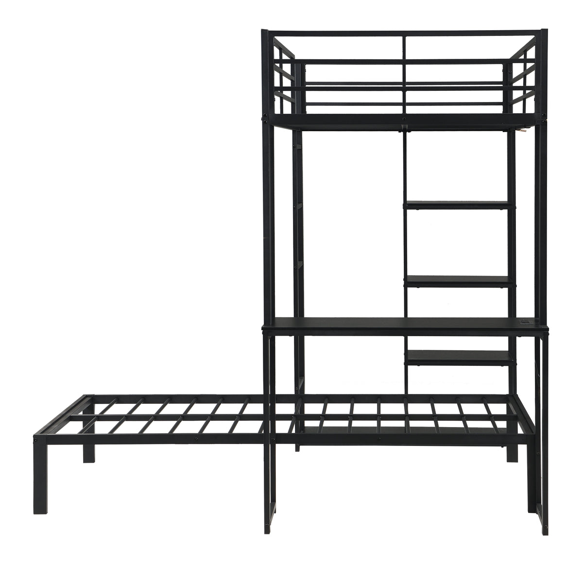 Metal Loft Bed Frame with LED Light Strip, Side Storage Shelves & Built-in Desk