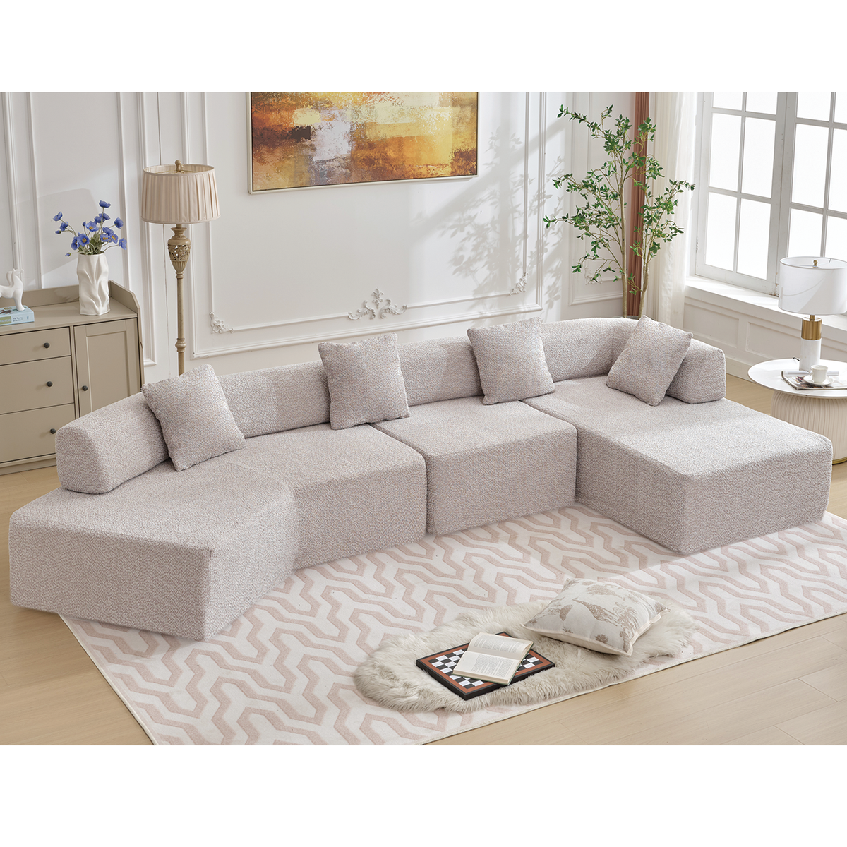 Modern Minimalist 140" L-Shape Couch with Chaise - White or Gray