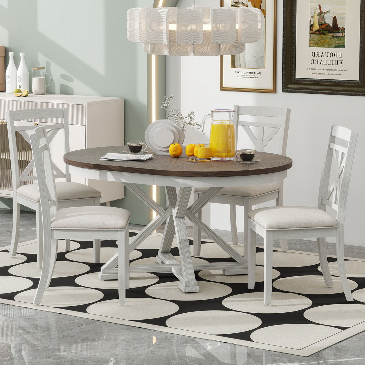 Dining Set With Extendable Round Table And 4 Upholstered Chairs - view 5