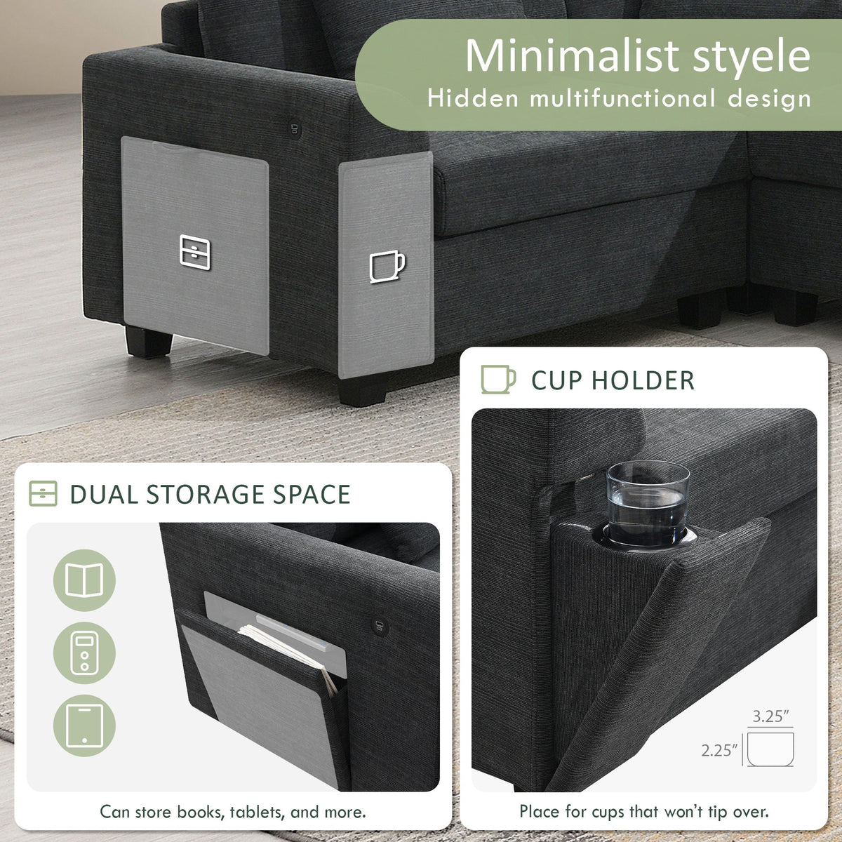 U Shaped Sectional Sofa 6 Seat Couch Set With Oversized Ottoman, Hidden Armrest Storage And Cup Holders USB - view 3