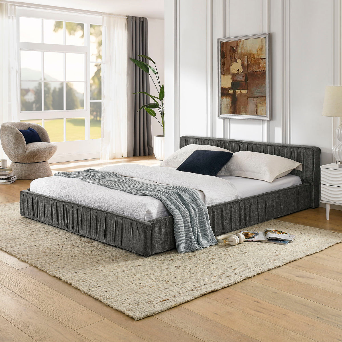 Modern Upholstered Platform Bed Frame With Pleated Design - view 2