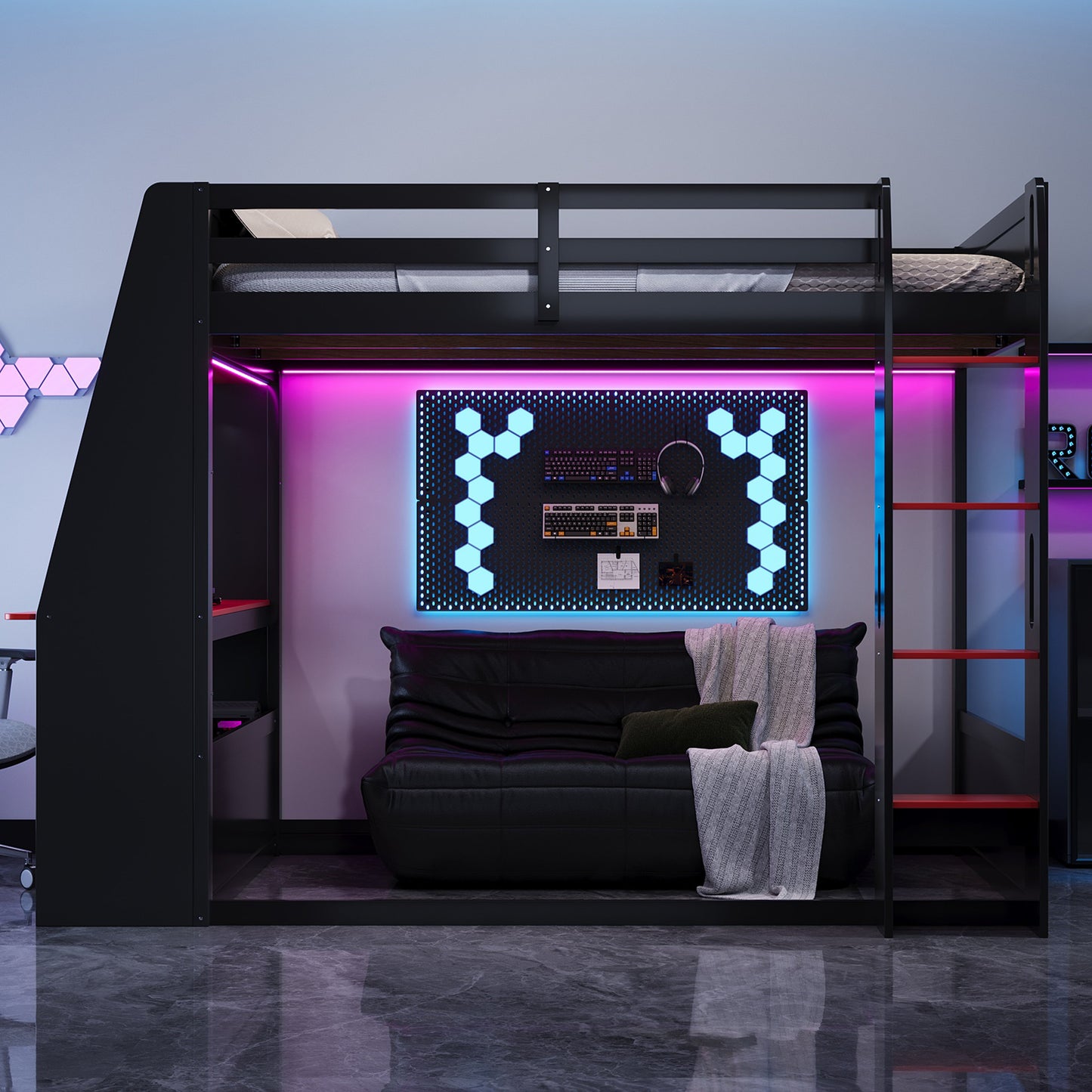 Full Size Wooden Gaming Bunk Bed with Desk and Storage