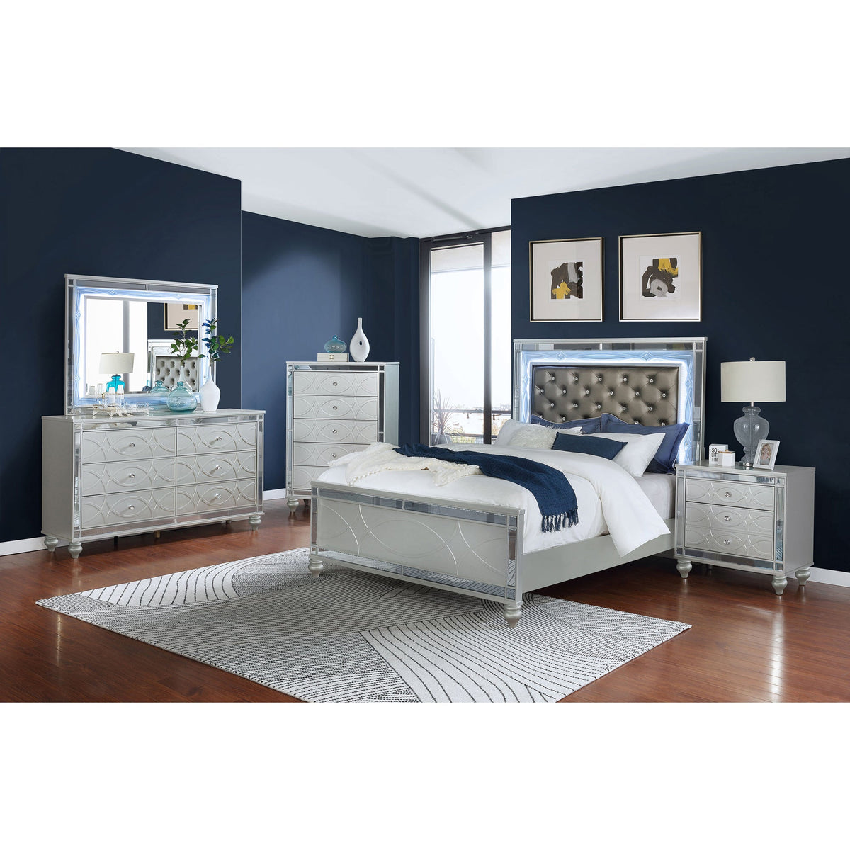 Karmen Metallic Upholstered Tufted California King Panel Bed