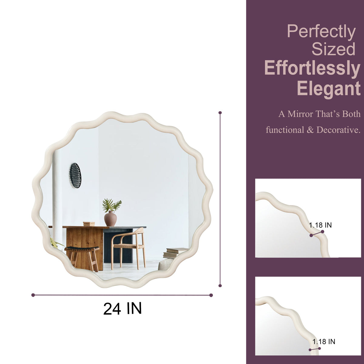 White 24 inch Wavy Round Solid Wood Frame Decorative Mirror