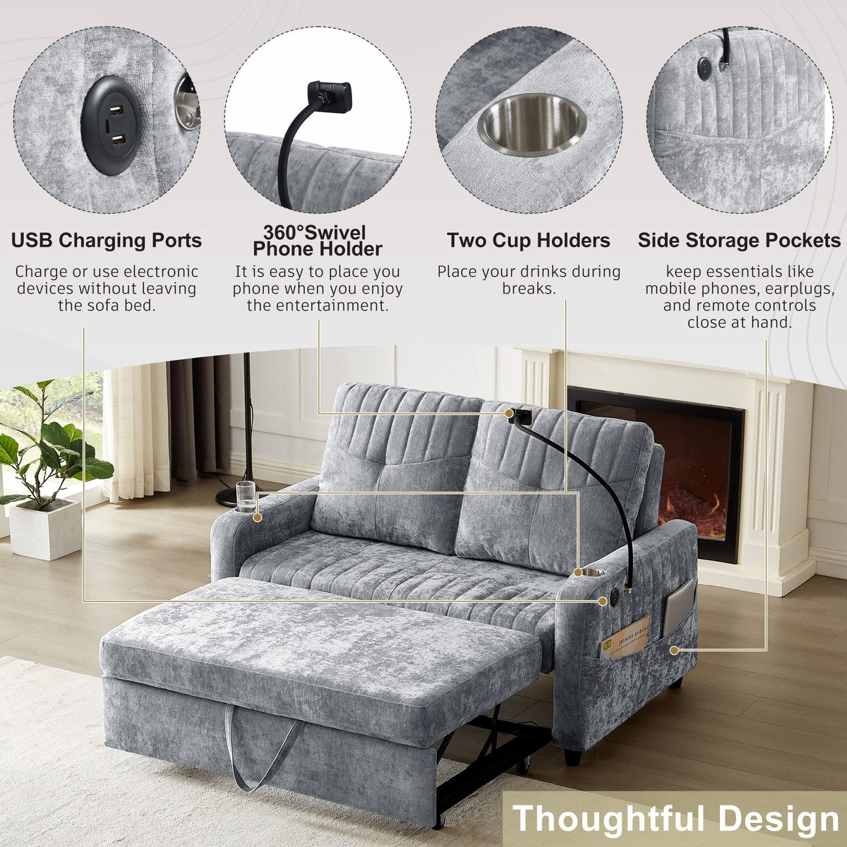 Modern Loveseat Pull Out Sofa Bed With Adjustable Backrest, Two Cup Holders, A Phone Holder, Three Charging - view 3