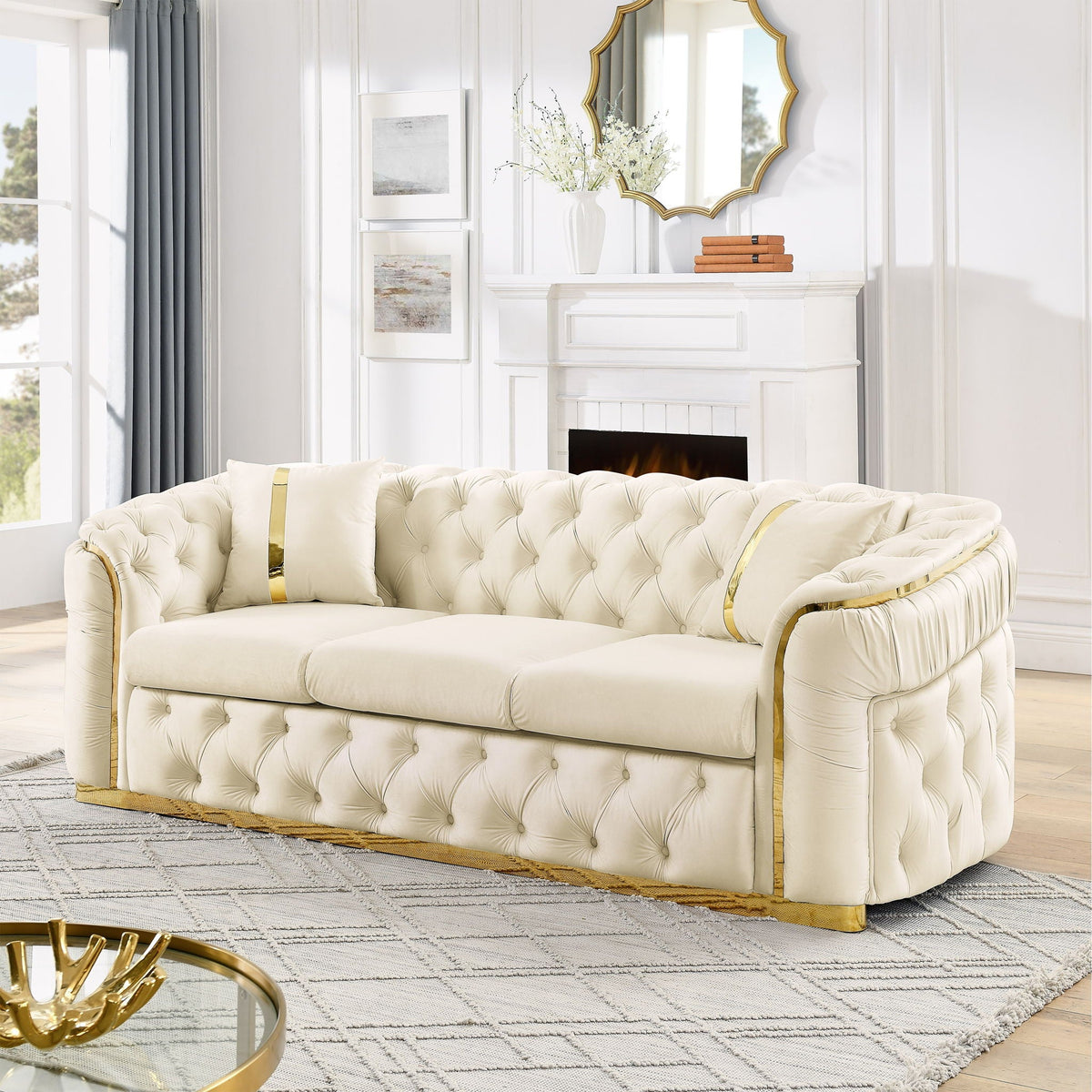 Button Tufted Couch With 2 Pillows, 3 Seater Luxury Chesterfield Sofa - view 4