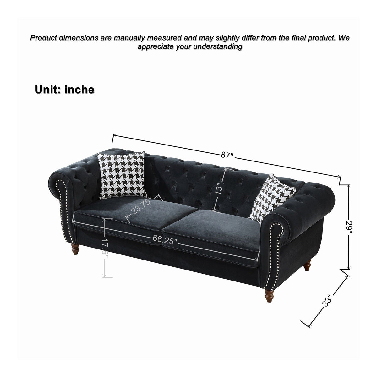 Chesterfield 3 And 2 Seater Upholstery Sofa With Roll Armrest & Nailhead Fabric Couch - view 3