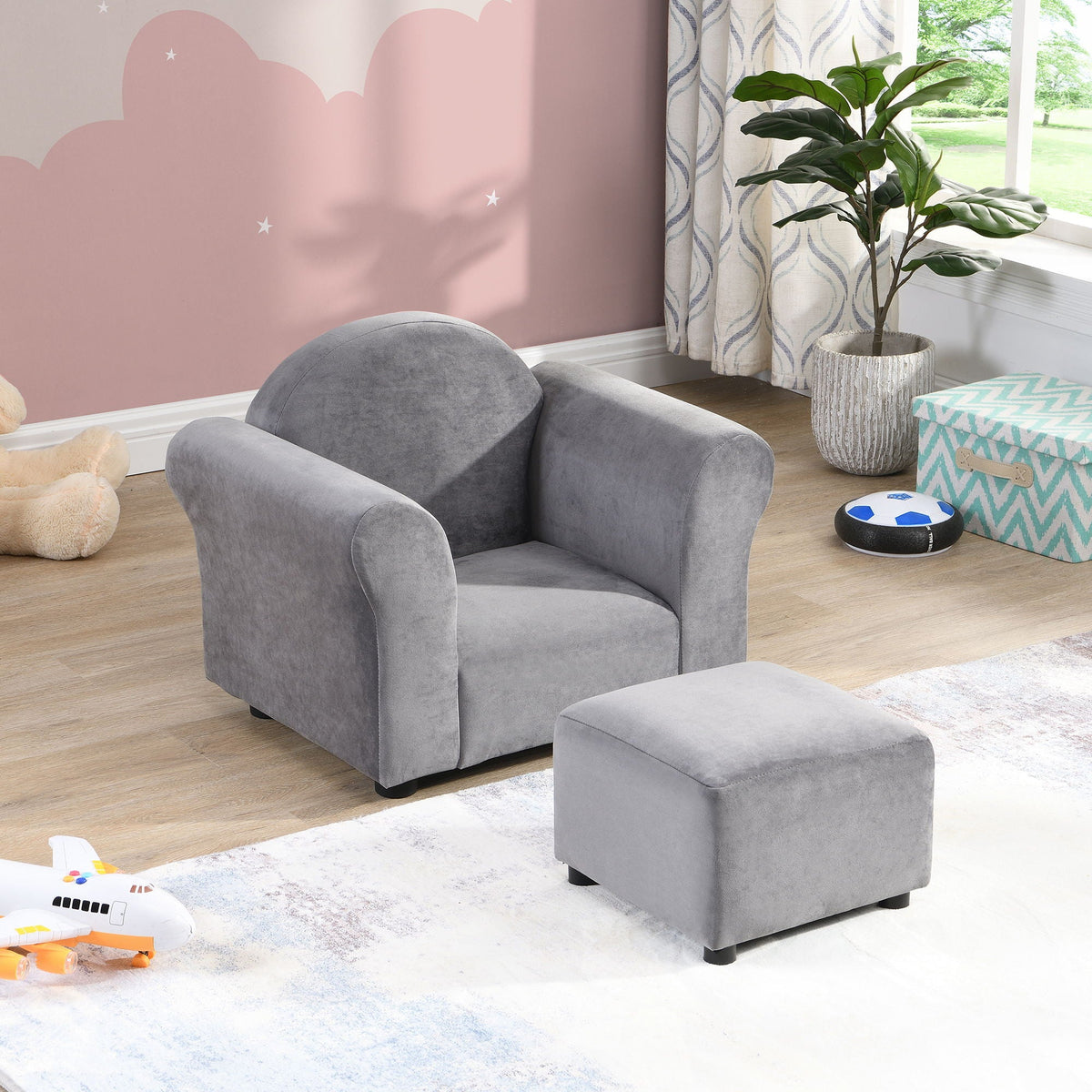Kids Recliner Chair, Kids Upholstered Couch With Ottoman - Gray - view 3