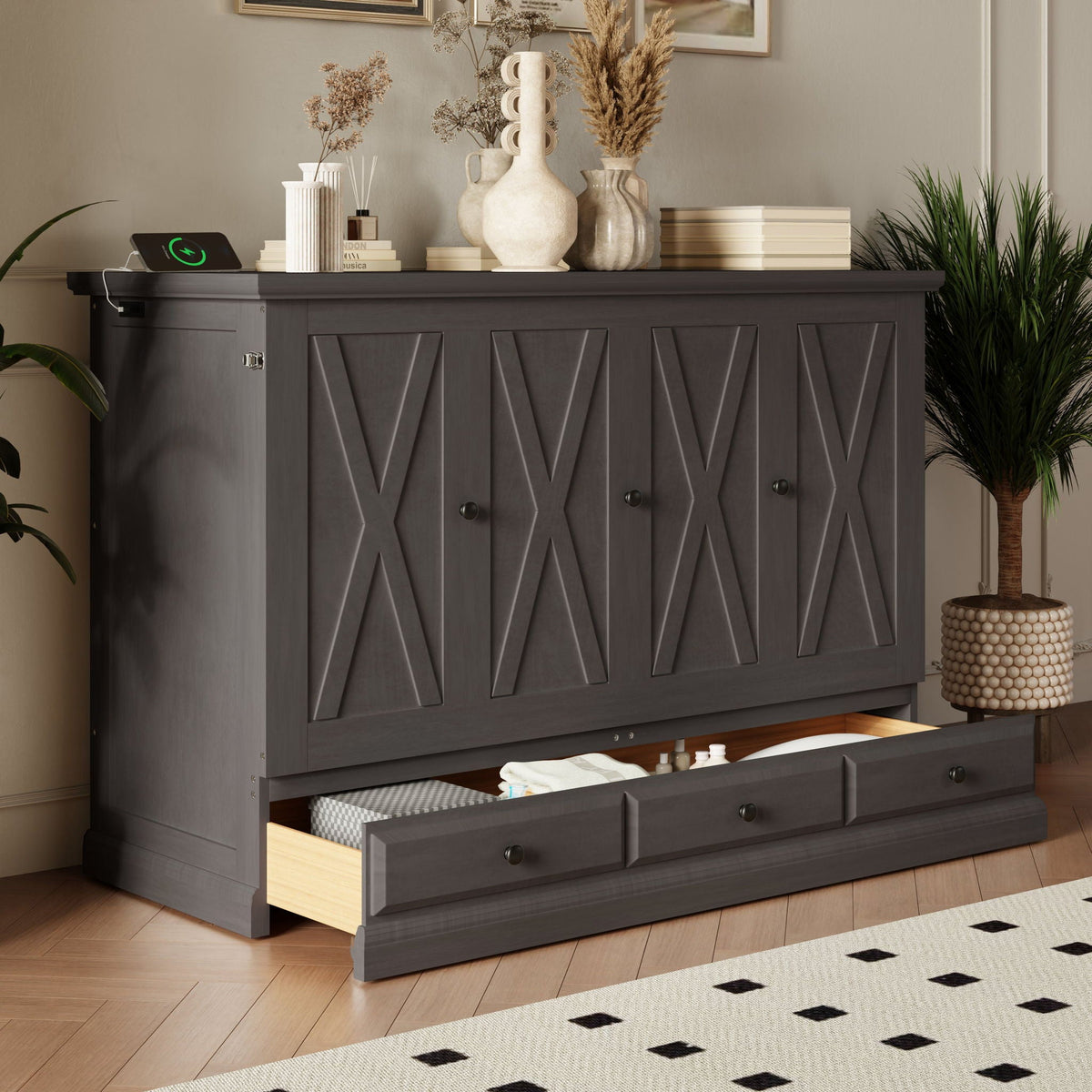 Solid Pine Murphy Bed Chest Cube Cabinet Bed With Charging Station And Large Storage Drawer For Home Office - view 5