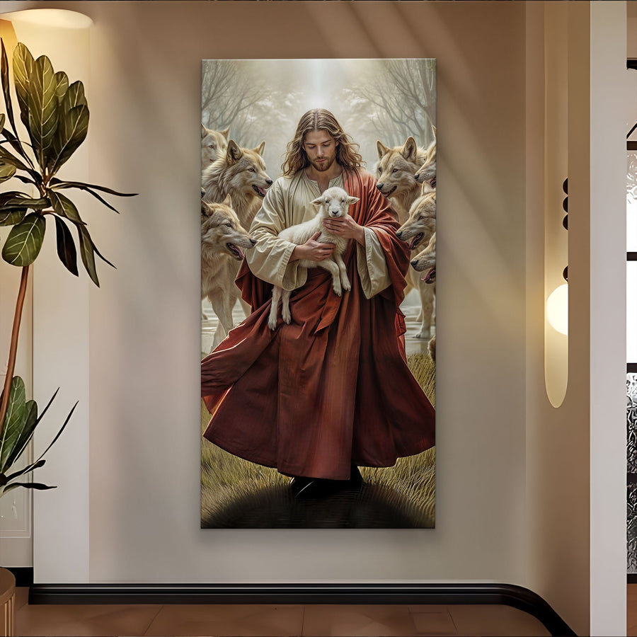 Jesus Protects The Lamb From Wolves Faith Wall Art VI