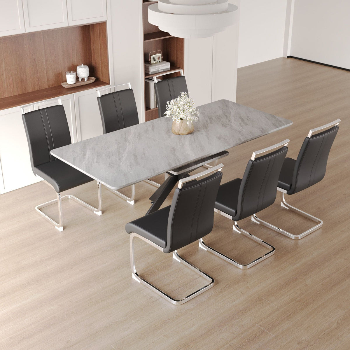Modern Extendable Dining Table Set For 6 - 8 - Black / Gray - view 2