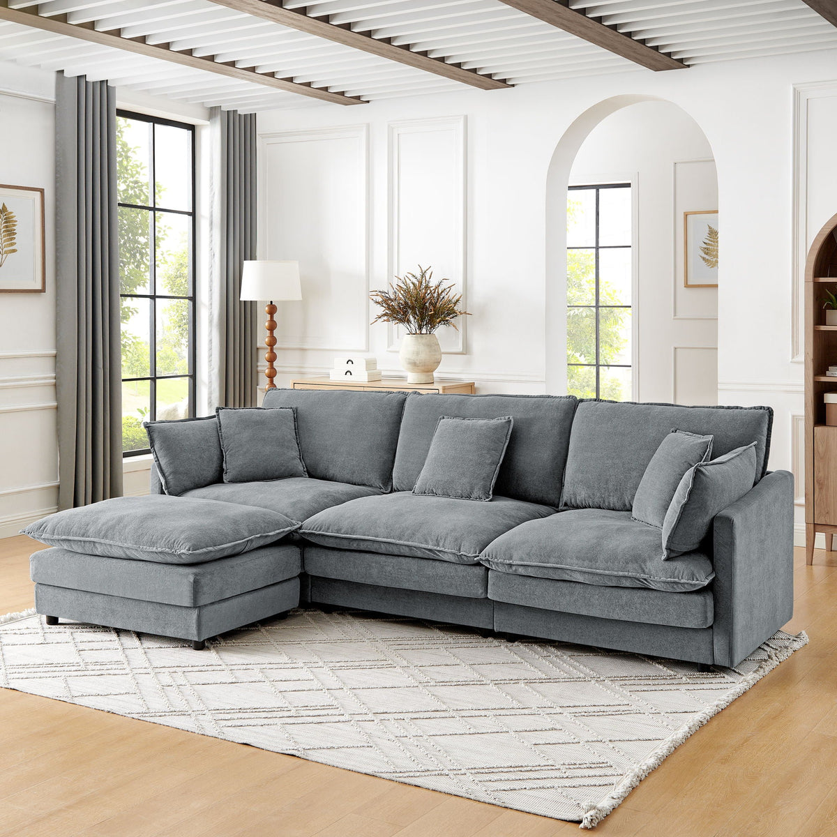 L-Shaped Sectional Sofa With Ottoman, Convertible 4 Seater Couch - view 3