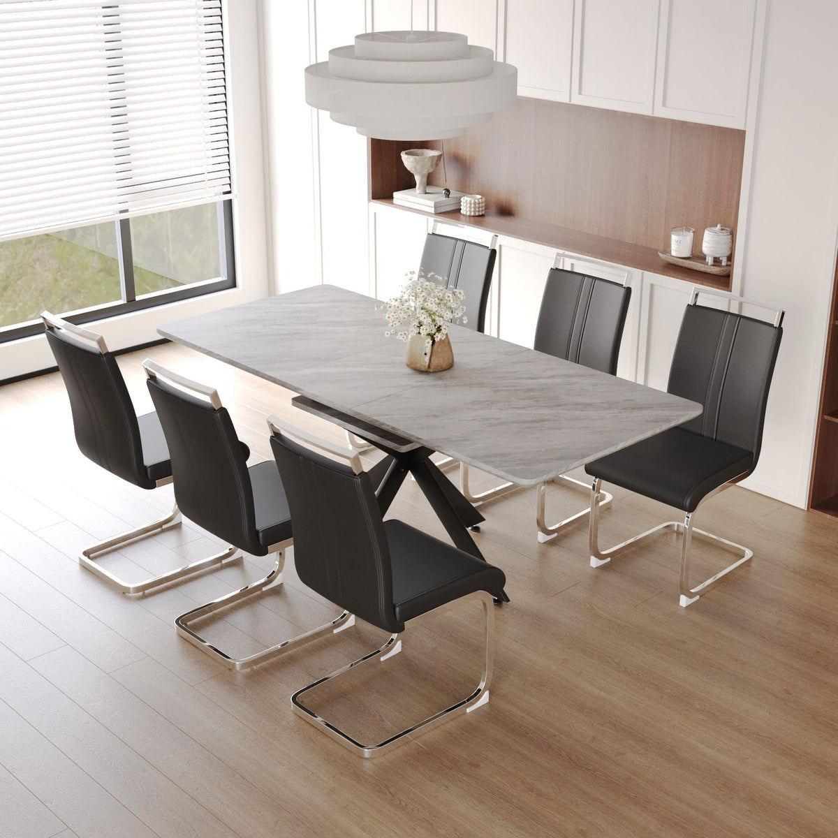 Modern Extendable Dining Table Set For 6 - 8 - Black / Gray - view 3