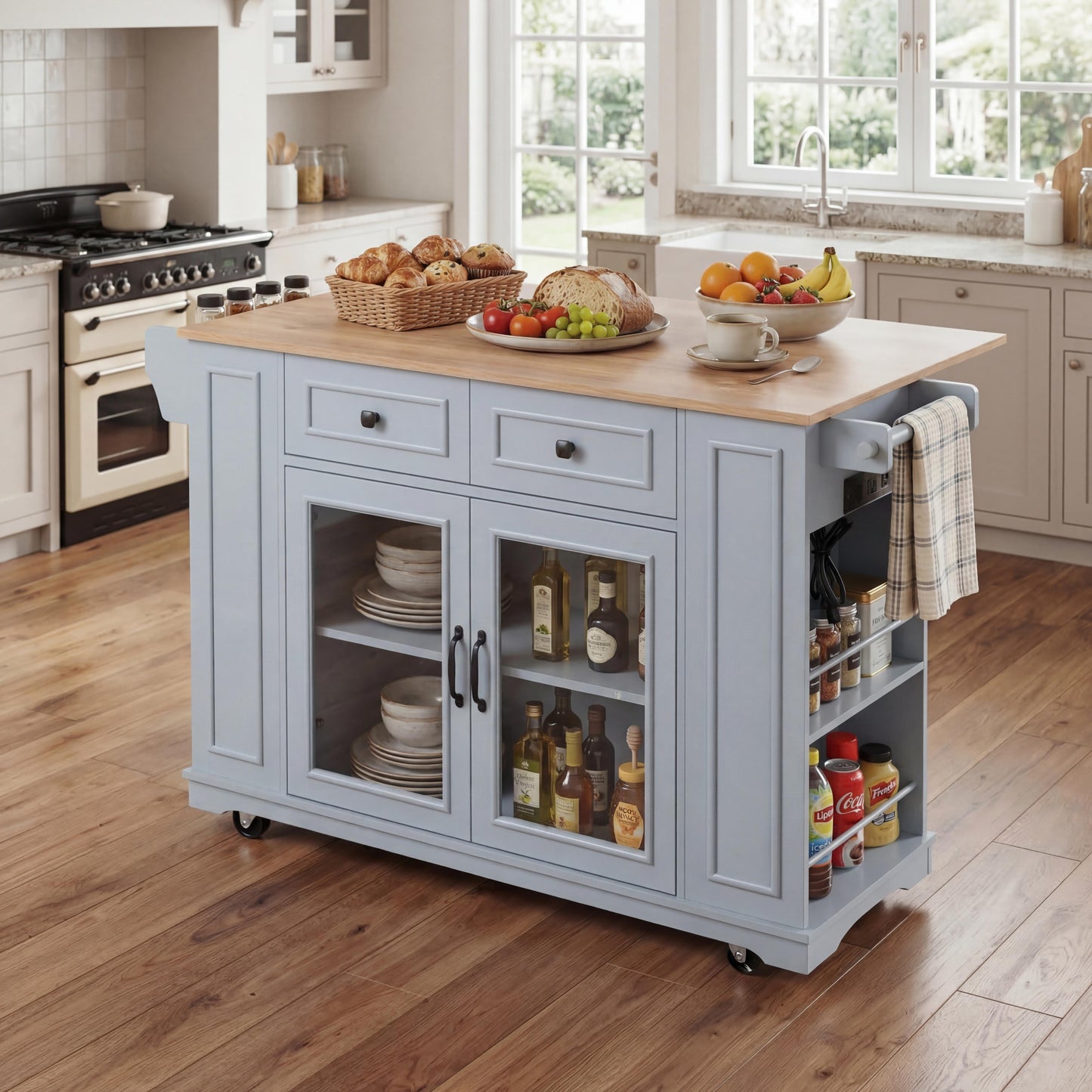 54" Mobile Kitchen Island with Glass Door Storage