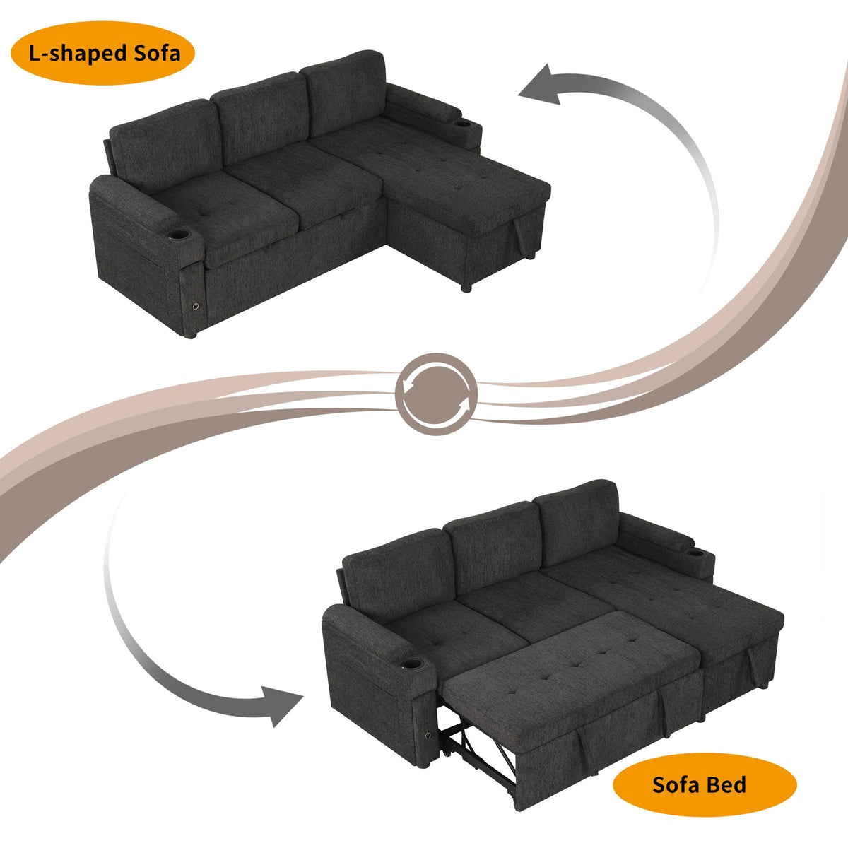 Convertible L Shaped Sofa Couch With Storage, Cup Holders, USB Ports - view 5