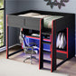 Wood Full Size Gaming Loft Bed with Built-in Desk, Wardrobe, LED and Drawer